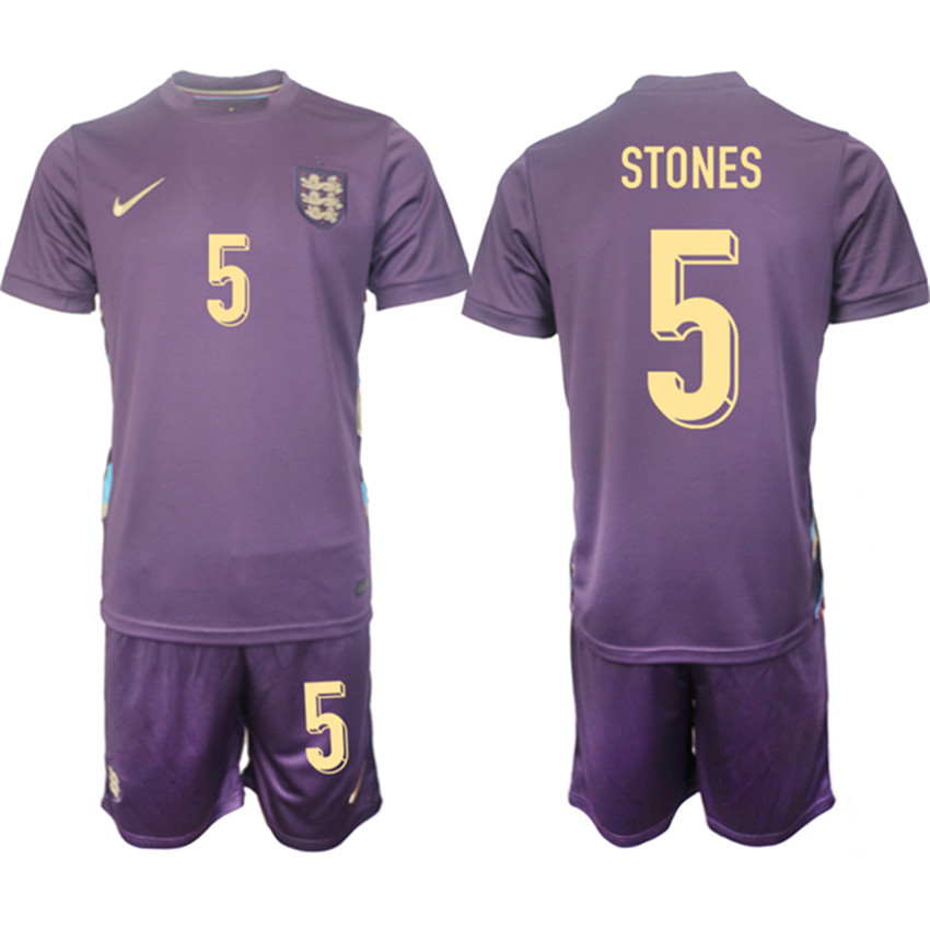 Men's Purple England #5 John Stones 2024-25 Away Soccer Jersey Suit